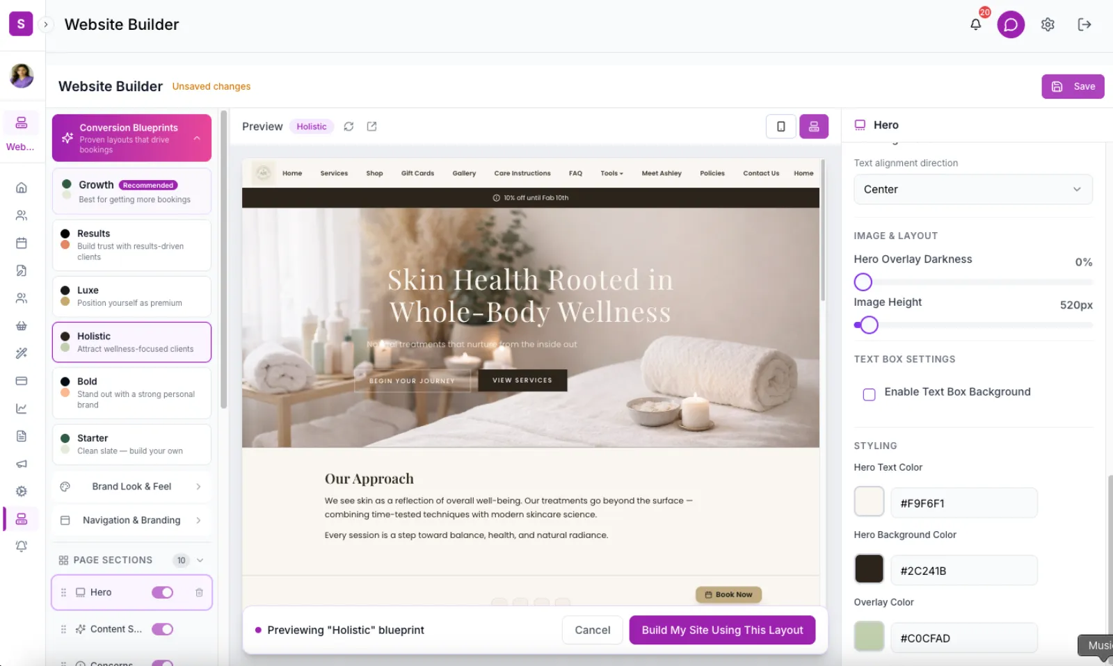 Holistic blueprint – Elara theme: earthy ritual, warm browns and sage