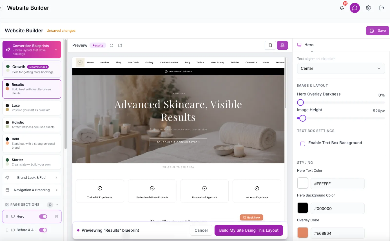 Results blueprint – Serena theme: clinical luxury, black and coral