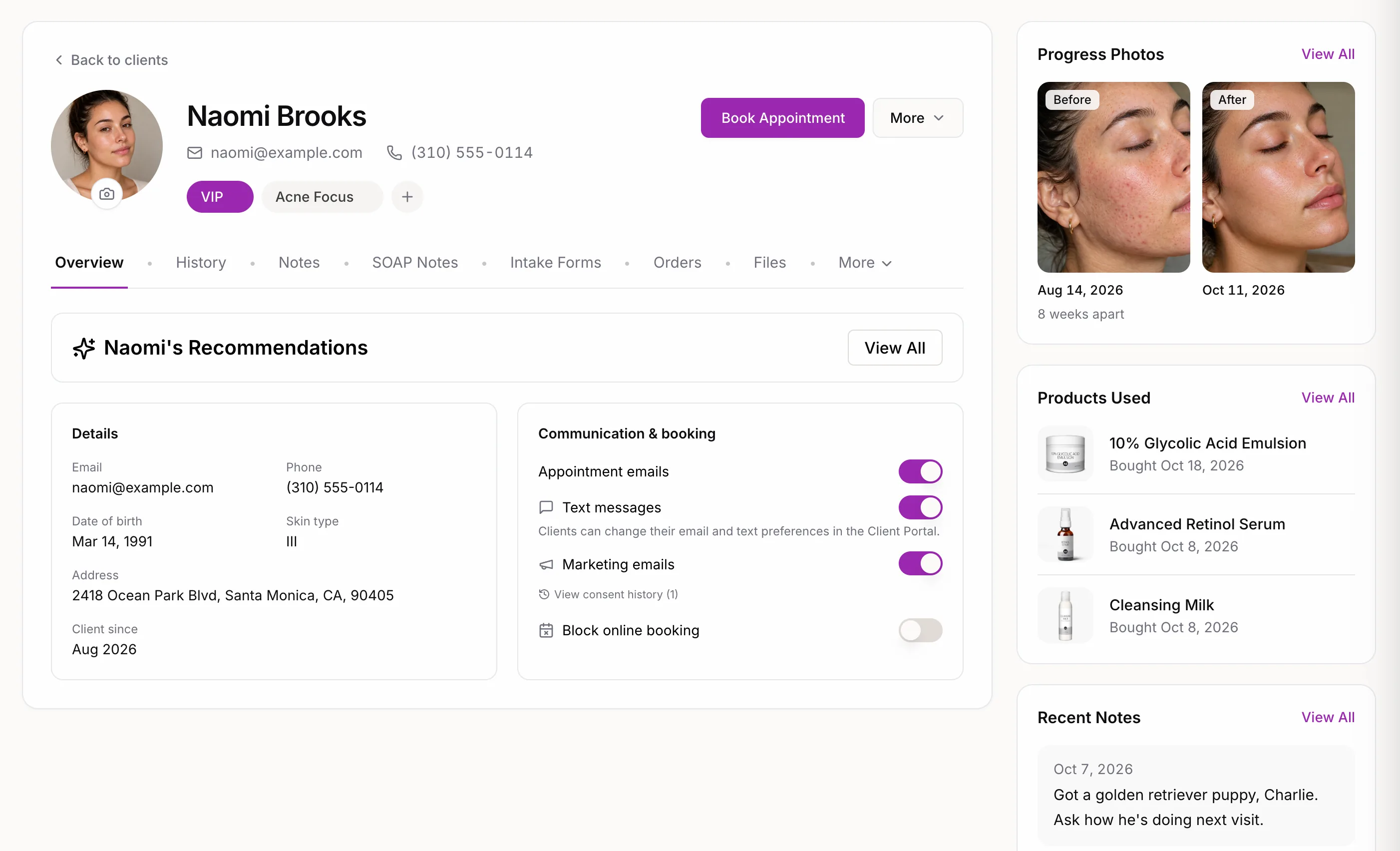 A client record in SpaSphere Pro: contact details, tags, notes, SOAP notes, intake forms, progress photos and the products she has bought