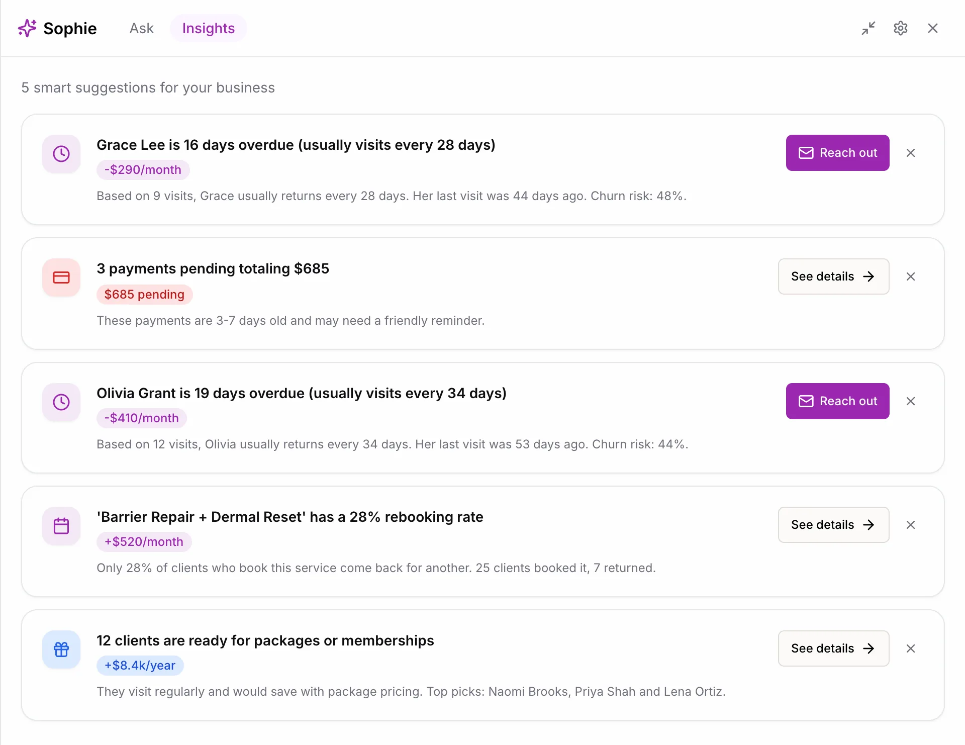 Sophie's insights: two overdue clients, payments still pending, a service with a low rebooking rate, and clients ready for a membership, each with what it is worth