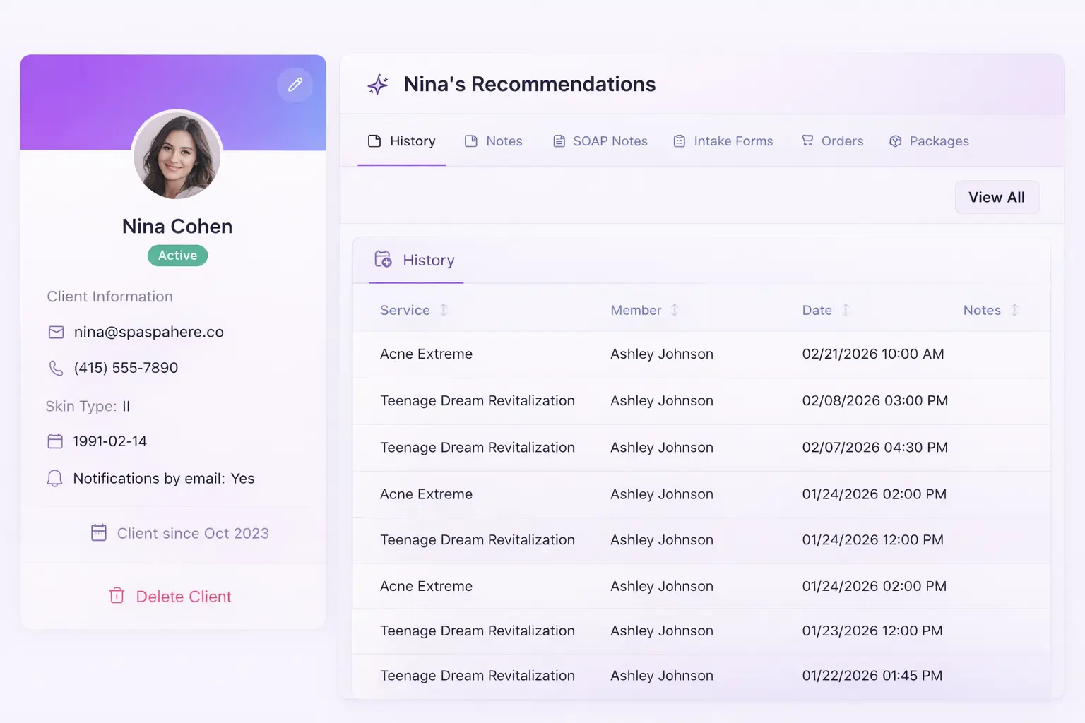 SpaSphere client profile showing visit history, skin type, and preferences