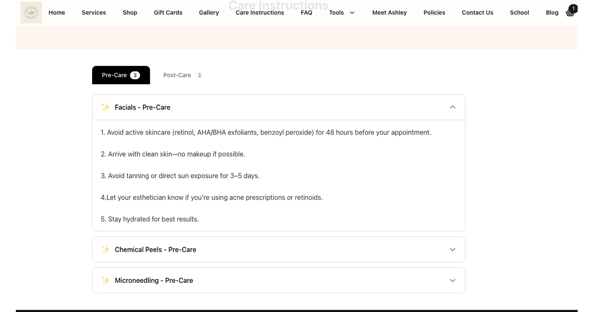 SpaSphere care instructions page on a spa website showing post-treatment aftercare for a chemical peel