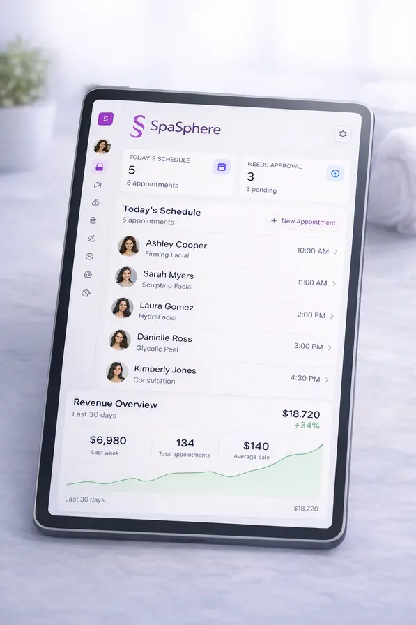 SpaSphere AI Daily Brief showing client schedule with insights and recommendations