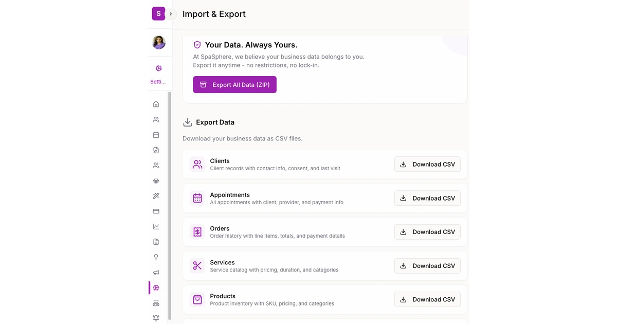 SpaSphere import interface showing CSV column mapping for client data with validation results