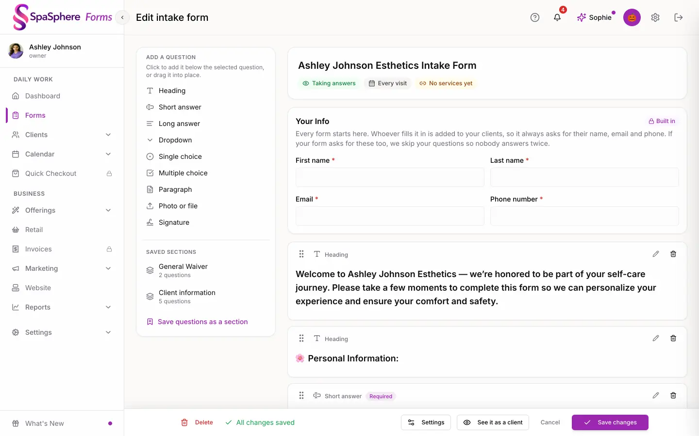 Editing an intake form, with the built-in Your Info section at the top
