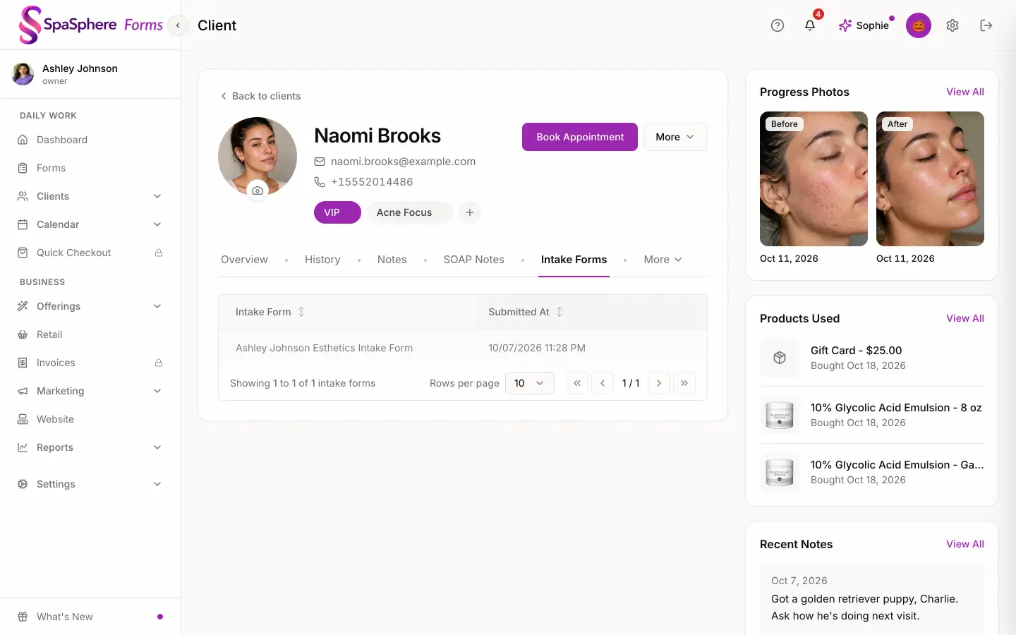 A client's profile with her submitted intake form on the Intake Forms tab