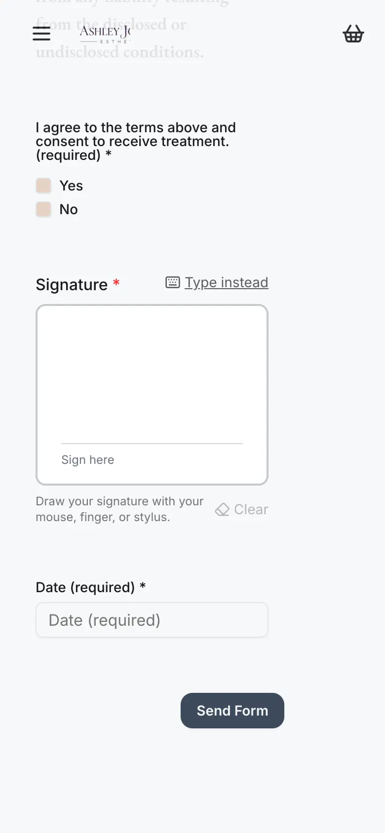 A client signing an intake form on her phone