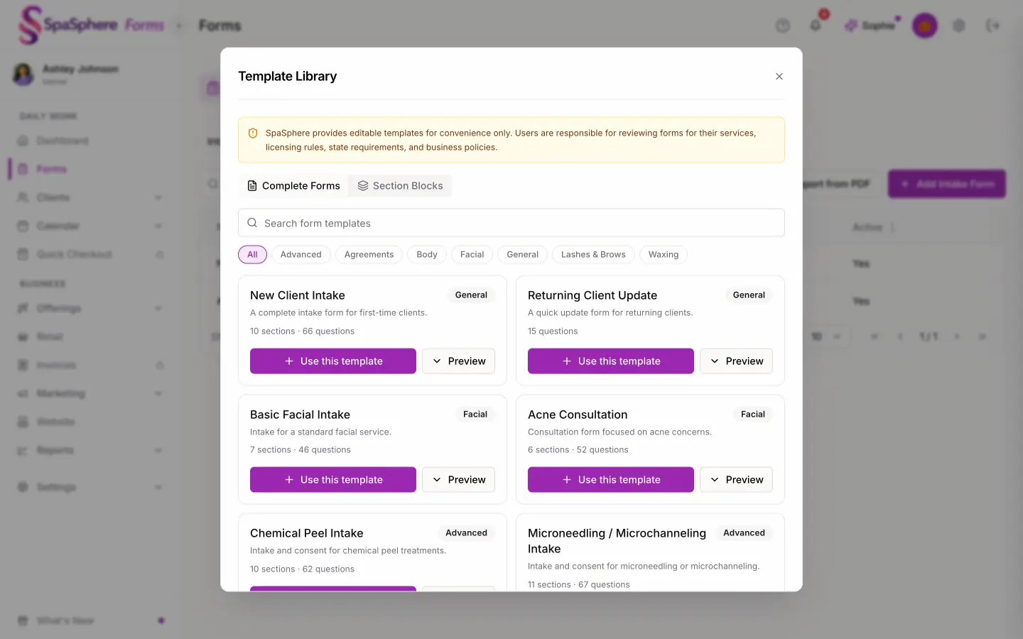 The template library with New Client Intake, Basic Facial Intake and Chemical Peel Intake