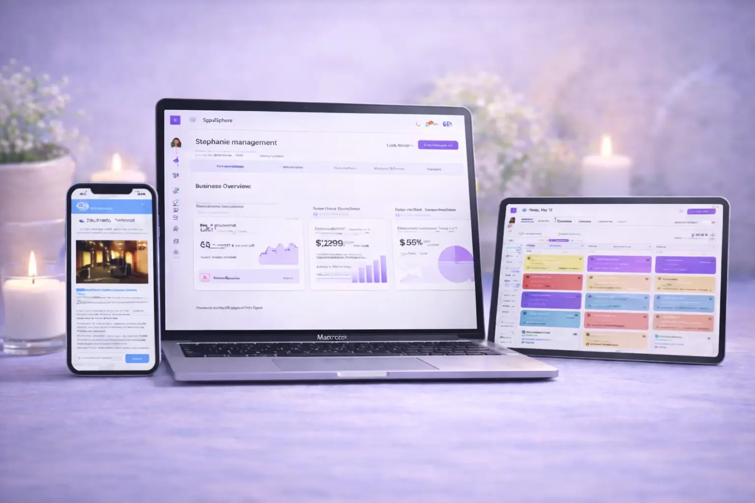 SpaSphere dashboard on laptop, phone, and tablet