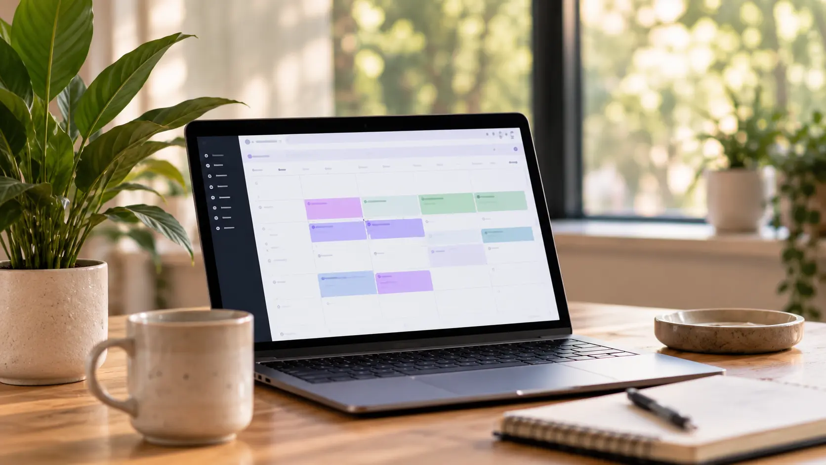 A laptop showing a week of appointments on a studio desk beside a mug and notebook