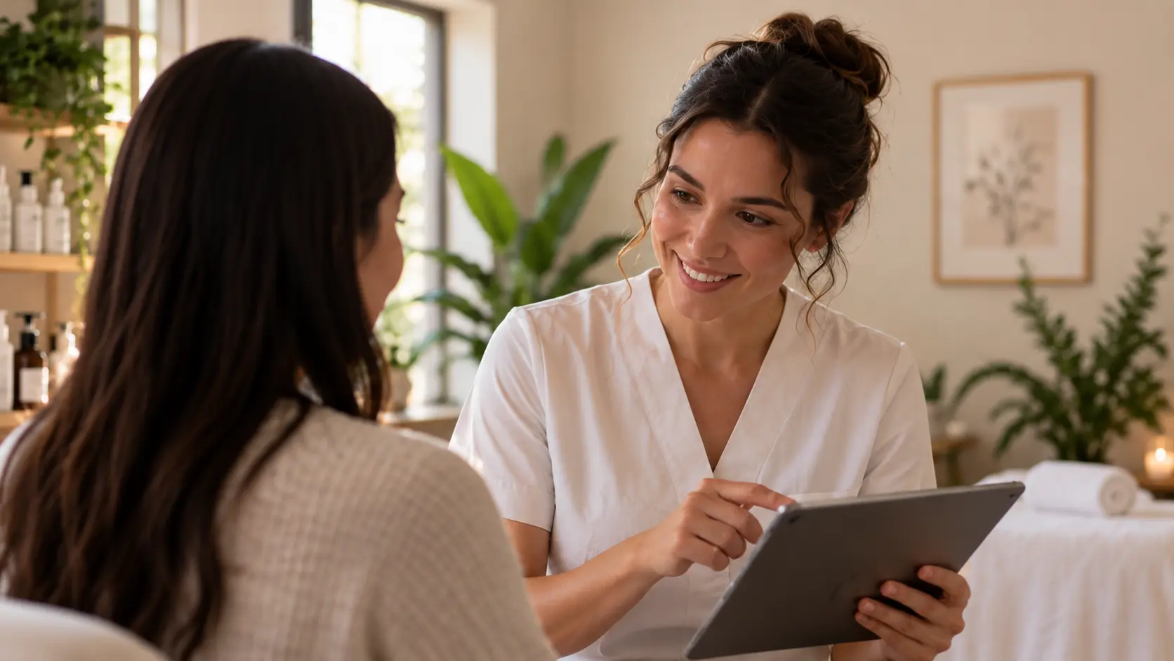 An esthetician showing a client her plan on a tablet