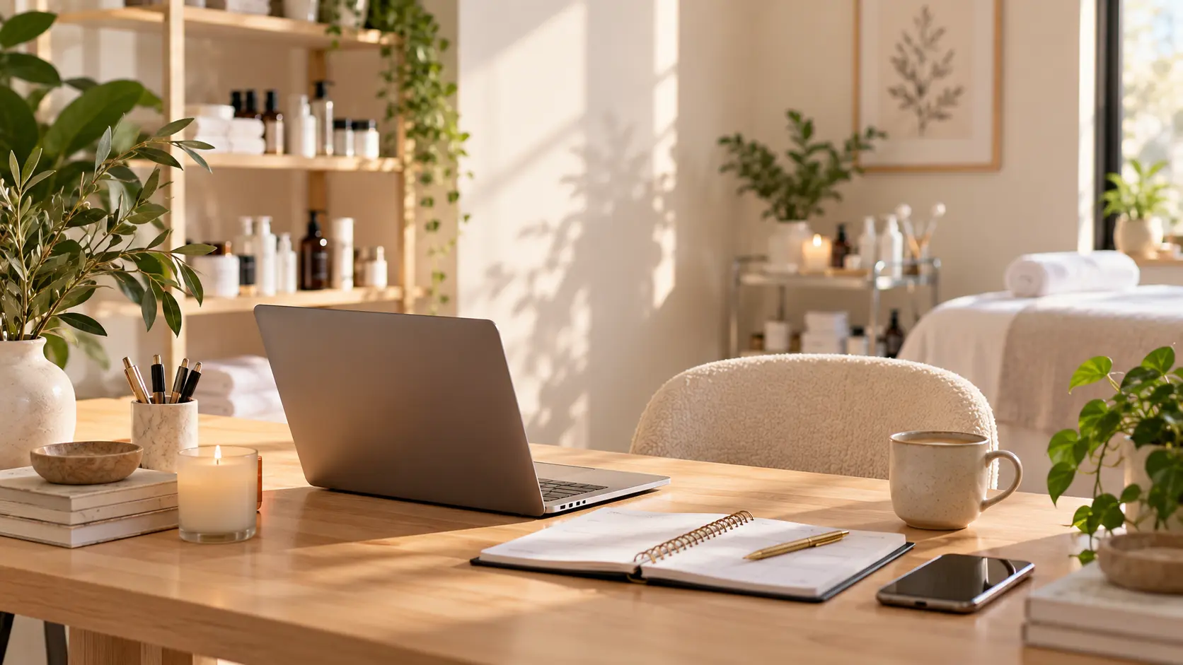 A quiet studio desk with a laptop, notebook and candle