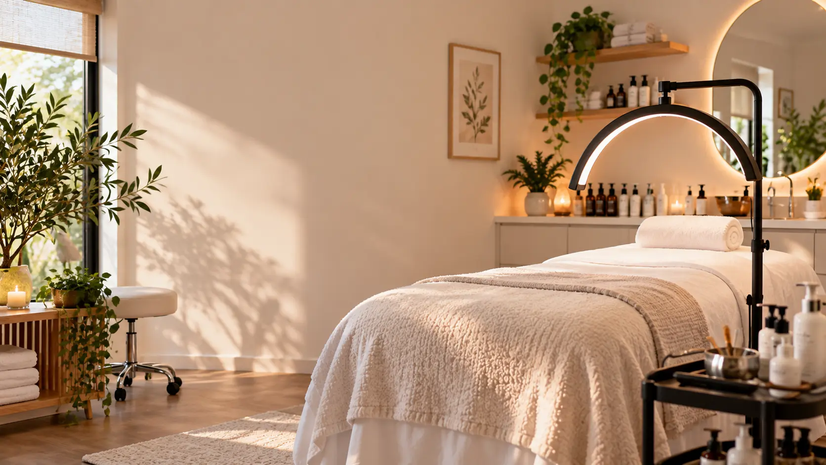 A calm, empty treatment room with the bed made and a magnifier lamp