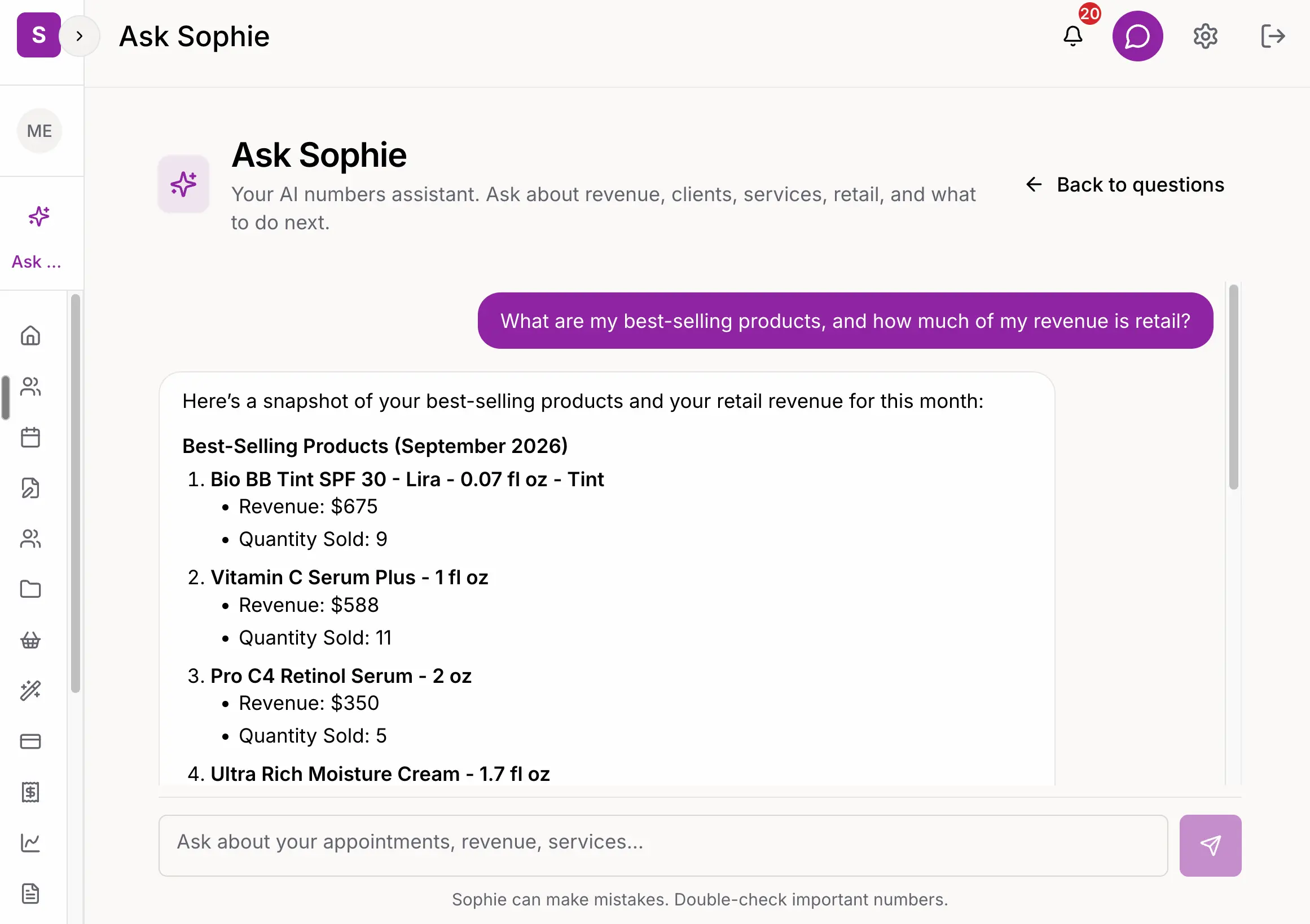 Ask Sophie answering a question about spa revenue in SpaSphere