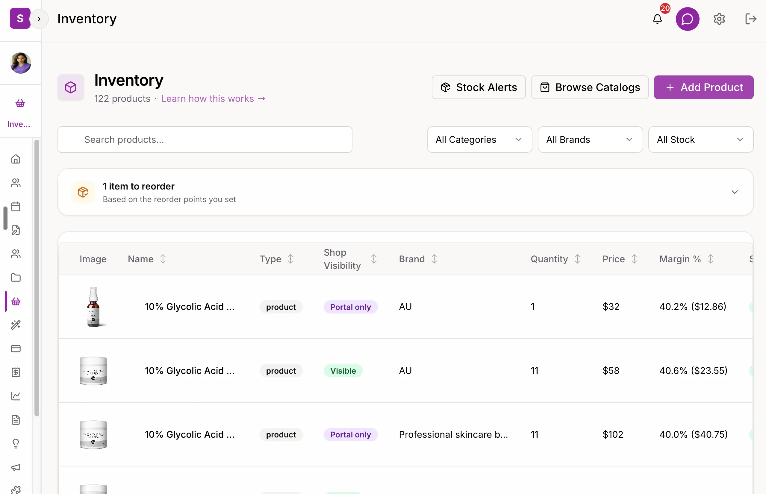 SpaSphere inventory dashboard showing stock levels and low-stock alerts