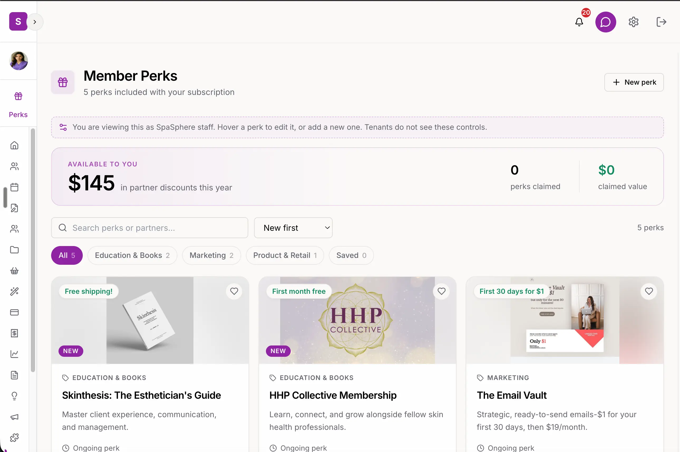 SpaSphere Partner Perks, showing curated partner offers in the dashboard