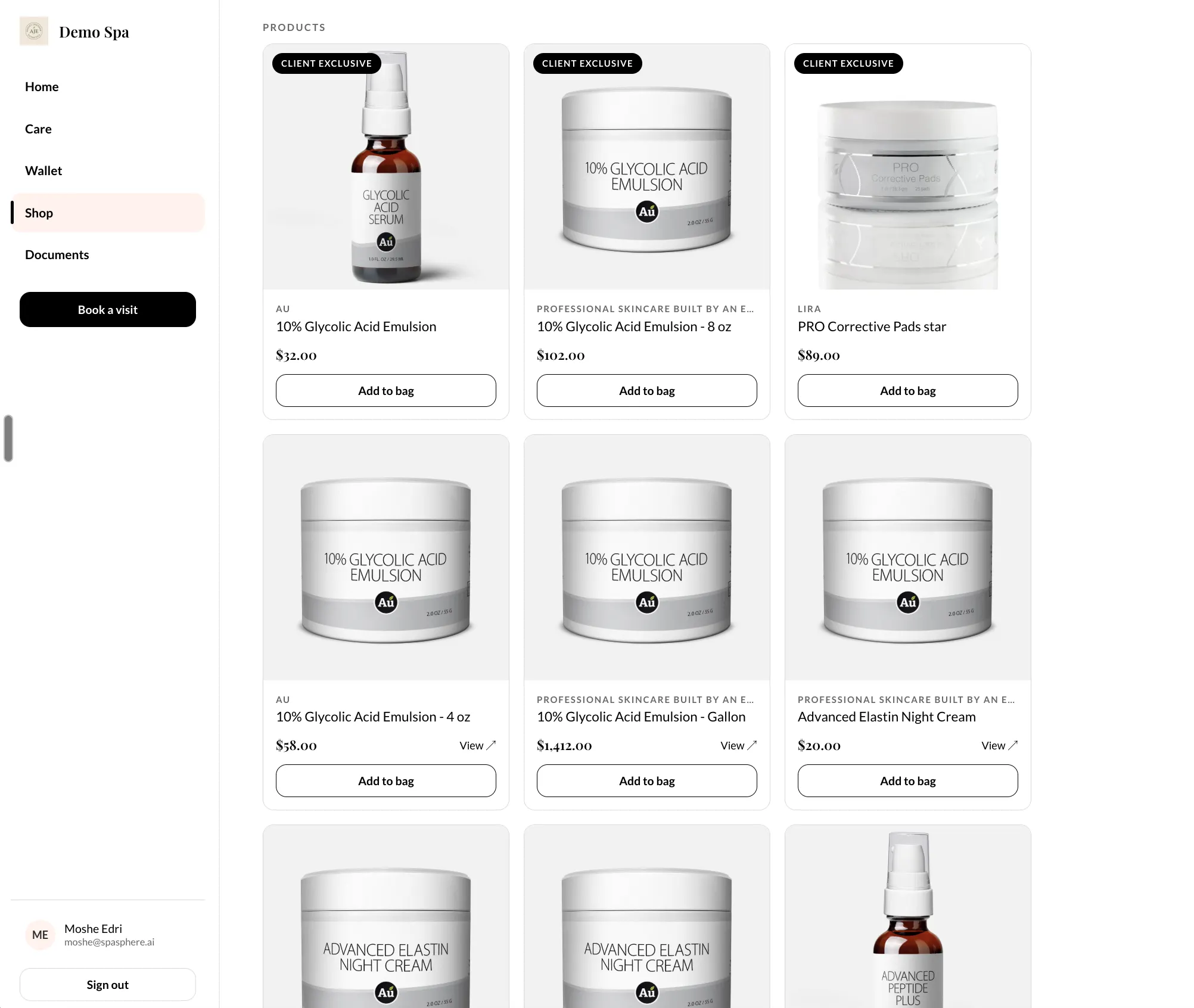 SpaSphere Private Shop, showing a client-exclusive product in the client portal
