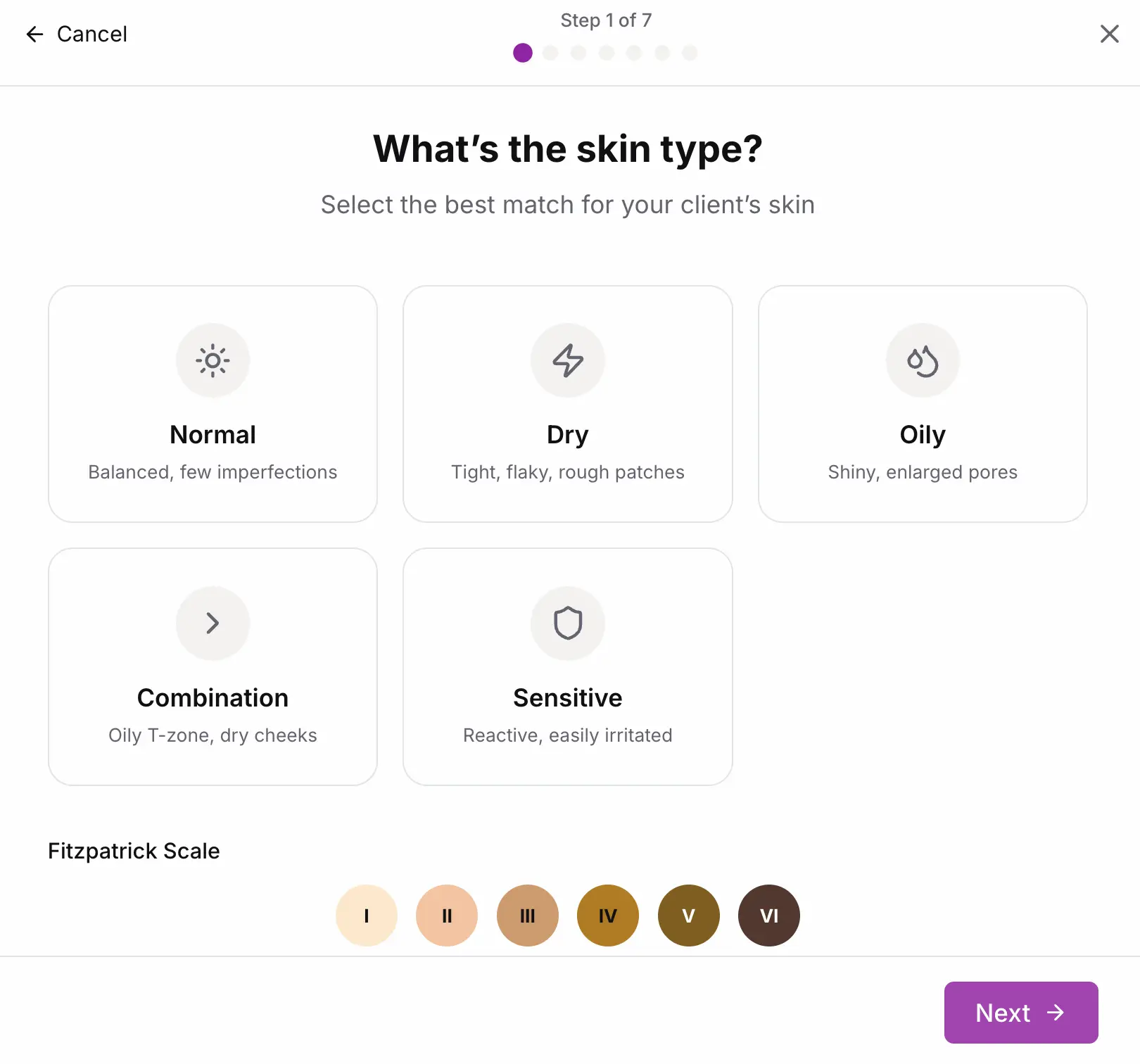 SpaSphere skin assessment form on tablet showing Fitzpatrick classification and skin condition analysis