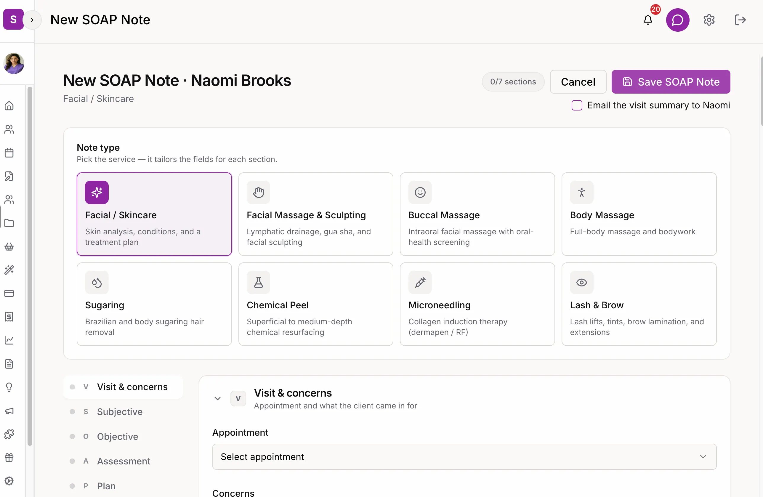 SpaSphere Skin SOAP notes interface showing subjective, objective, assessment, and plan sections