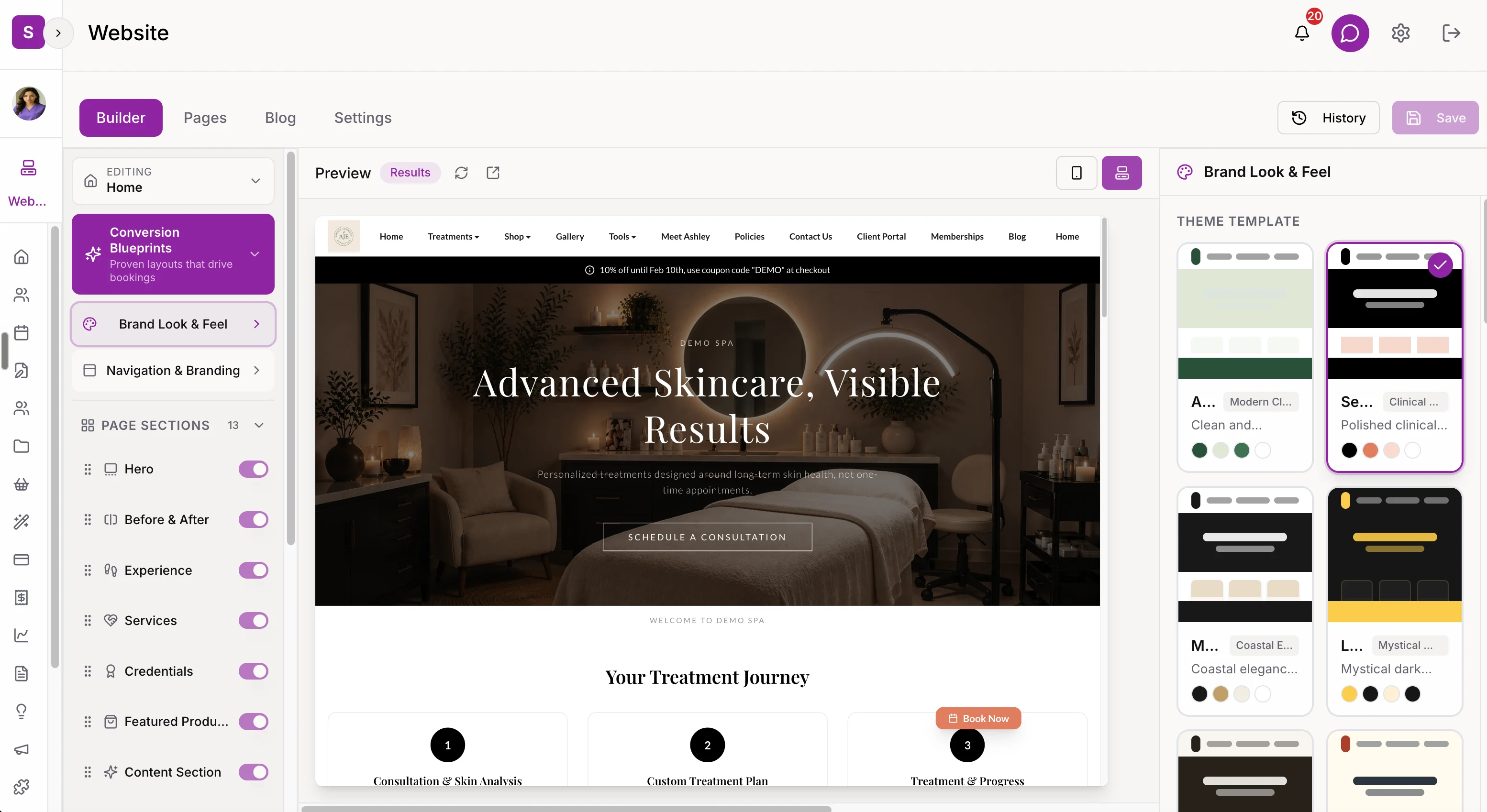 The SpaSphere website builder with a live preview of an esthetician's site