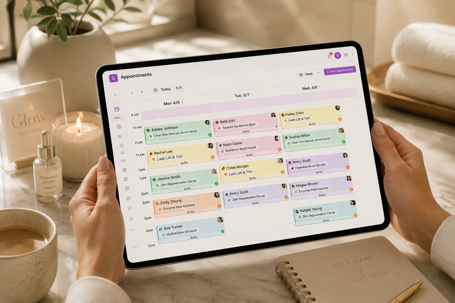An esthetician checking her week in SpaSphere on a tablet between clients