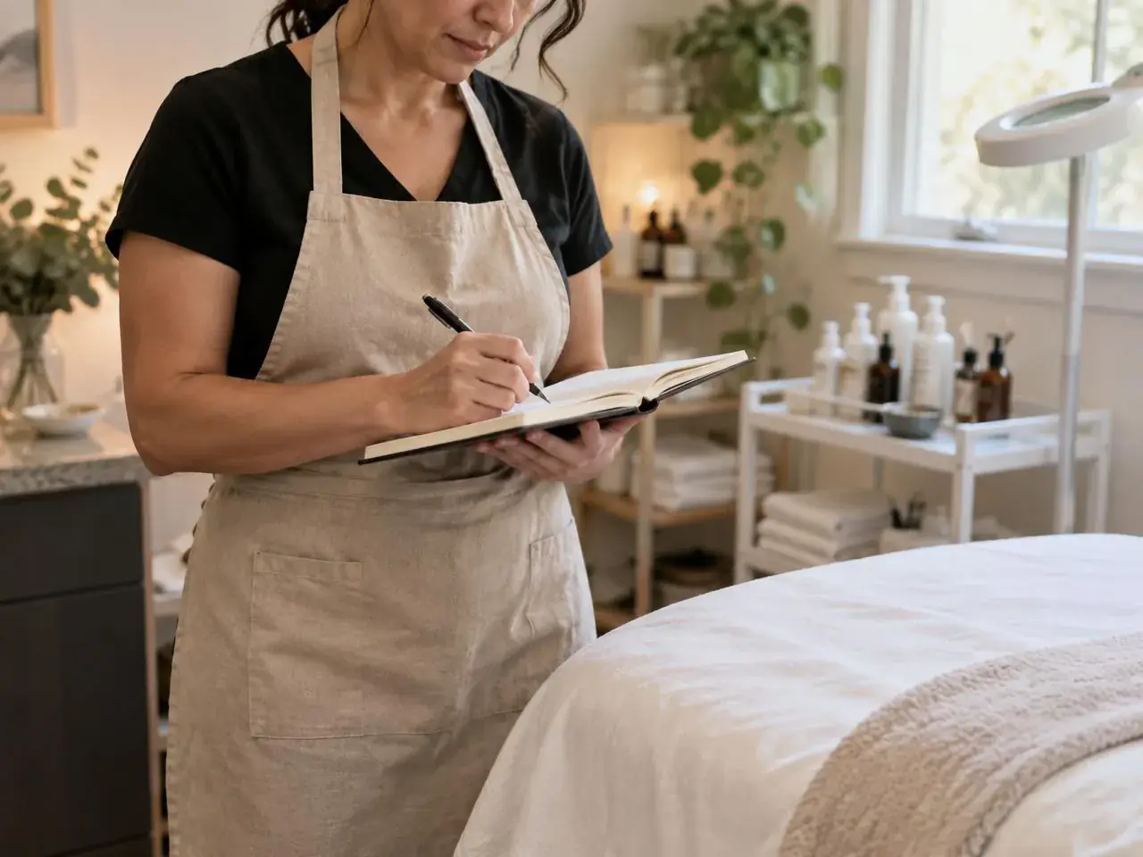 An esthetician writing up her client notes beside a freshly made treatment bed