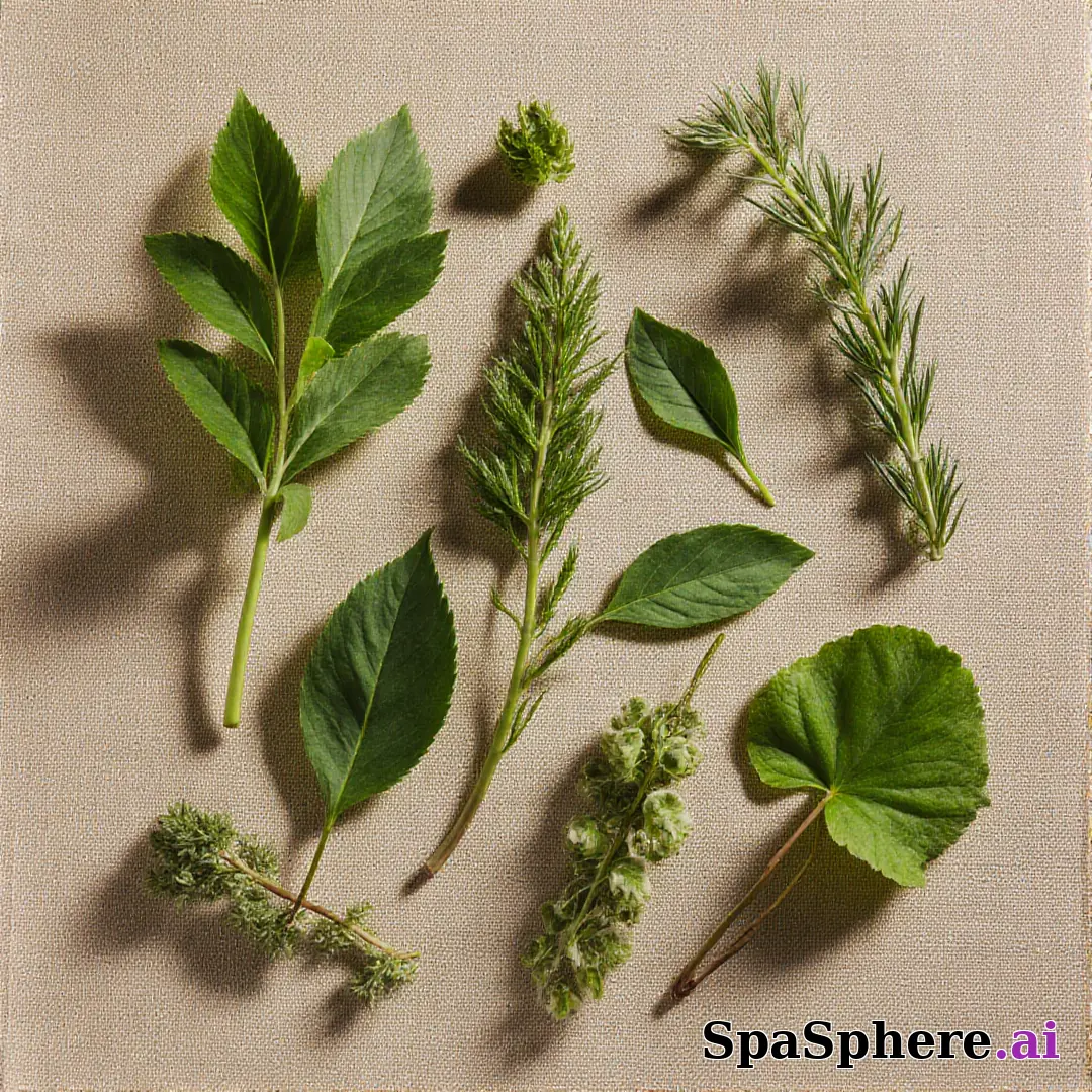 Green botanical flatlay – fresh natural spa aesthetic for estheticians. (01) [1080x1080]