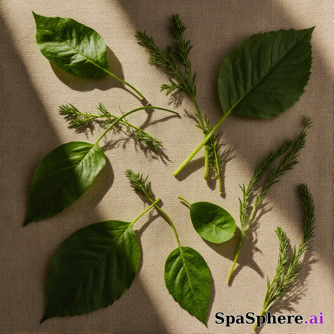 Green botanical flatlay – fresh natural spa aesthetic for estheticians. (04) [1080x1080]