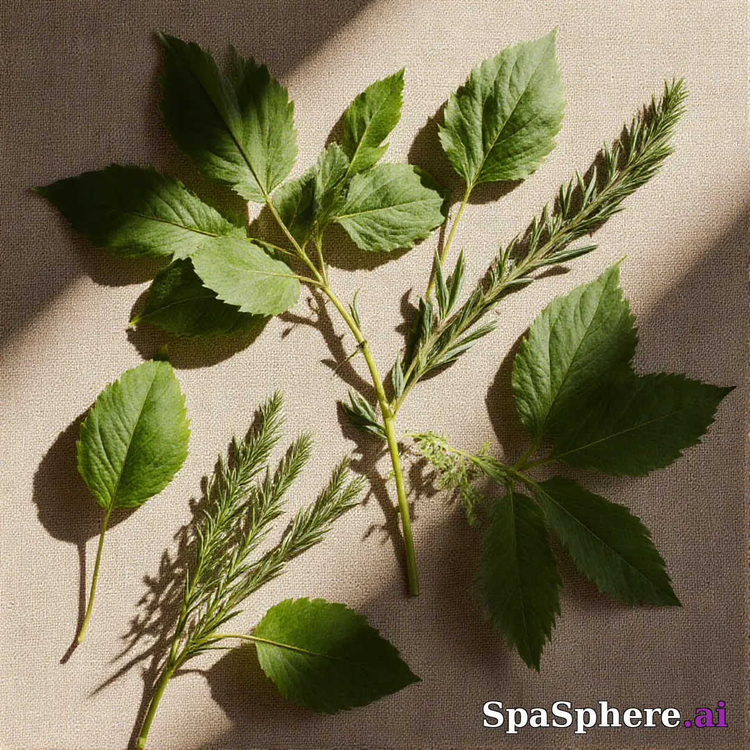 Green botanical flatlay – fresh natural spa aesthetic for estheticians. (06) [1080x1080]