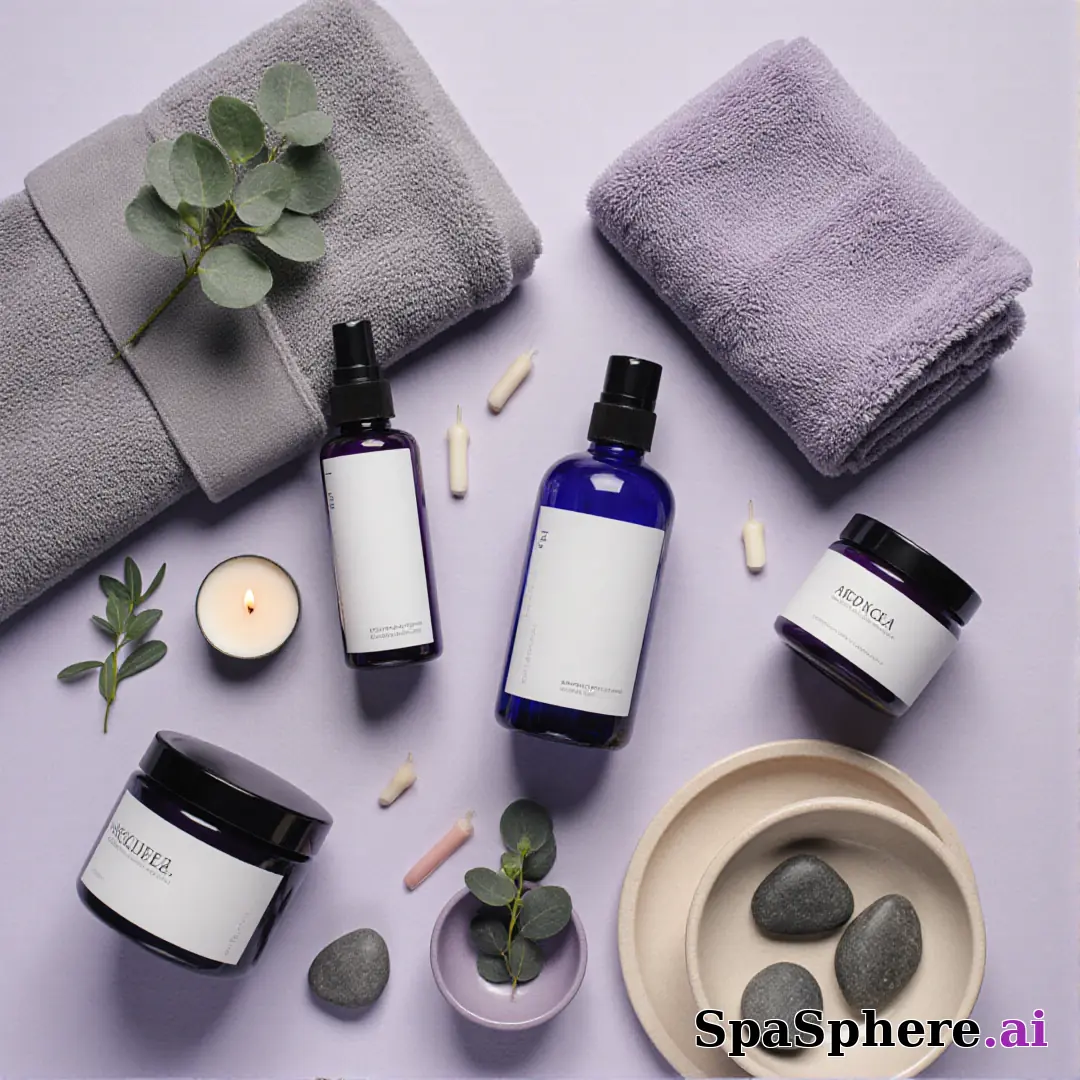SpaSphere brand-colored spa flatlays – purple and beige cohesive pack. (10) [1080x1080]