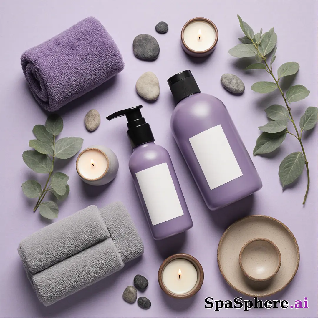 SpaSphere brand-colored spa flatlays – purple and beige cohesive pack. (15) [1080x1080]