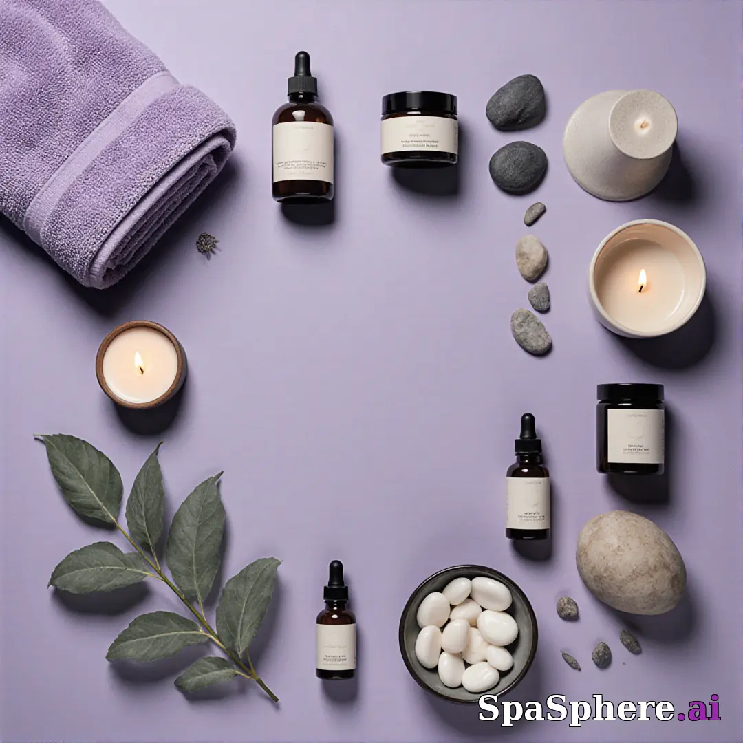 SpaSphere brand-colored spa flatlays – purple and beige cohesive pack. (16) [1080x1080]