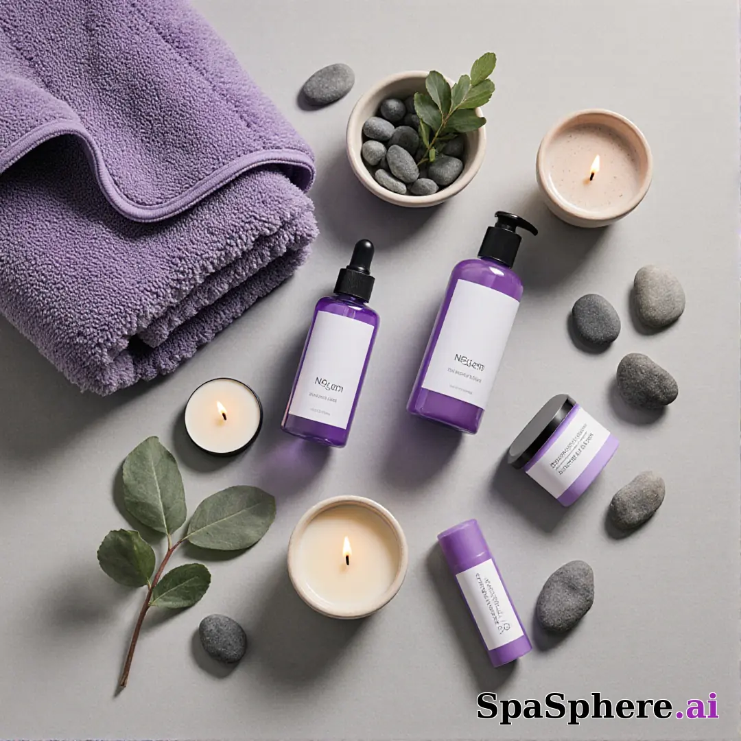 SpaSphere brand-colored spa flatlays – purple and beige cohesive pack. (20) [1080x1080]