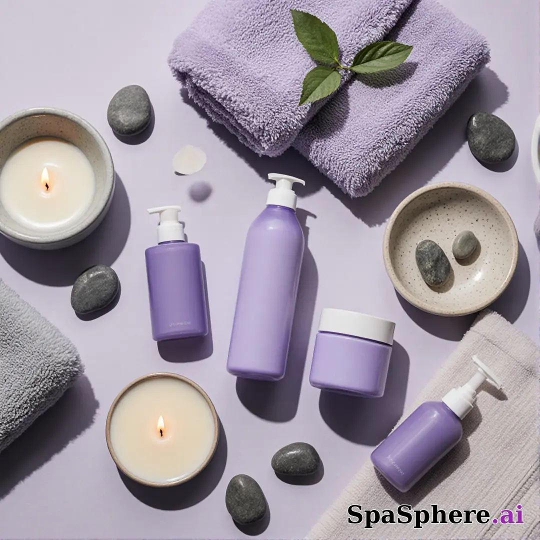 SpaSphere brand-colored spa flatlays – purple and beige cohesive pack. (22) [1080x1080]