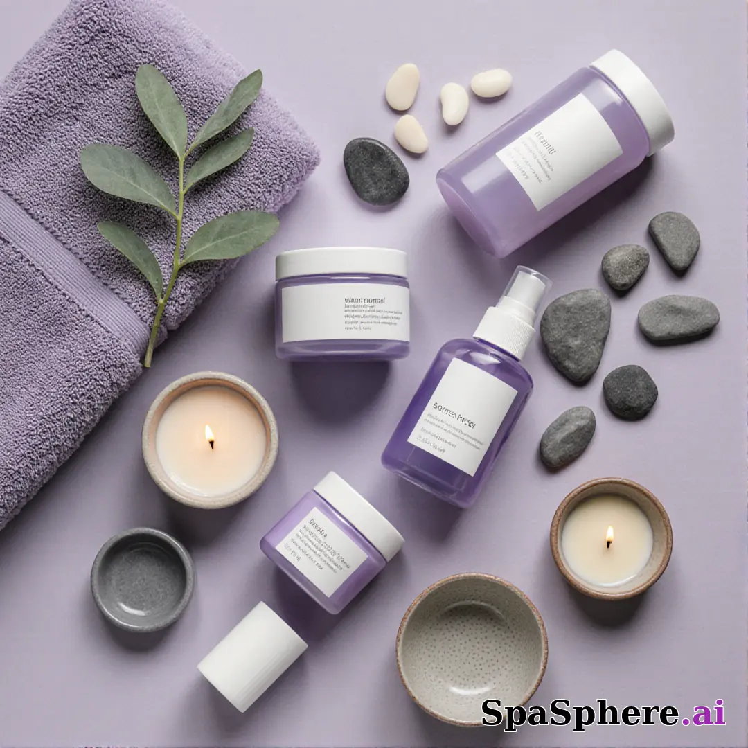 SpaSphere brand-colored spa flatlays – purple and beige cohesive pack. (24) [1080x1080]