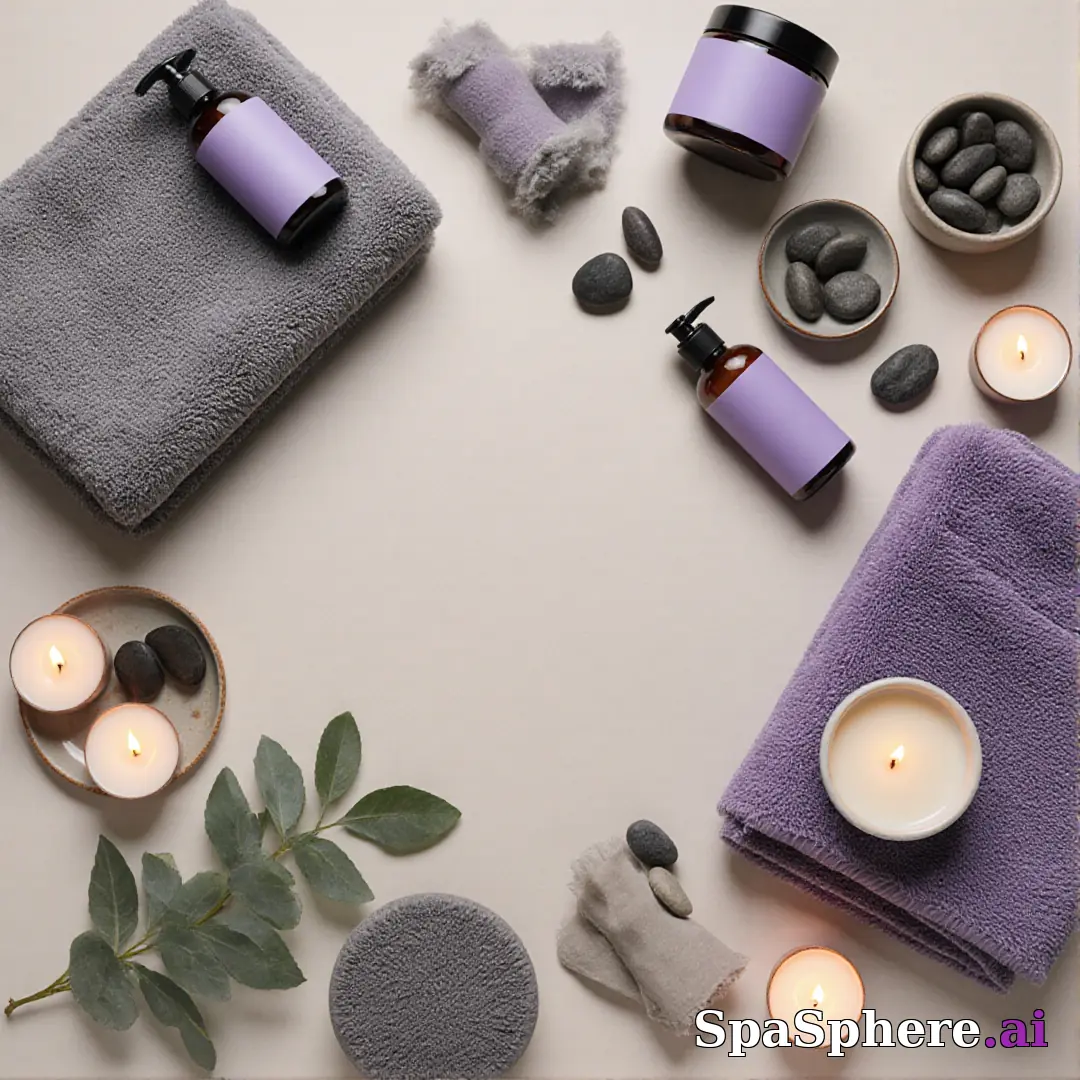 SpaSphere brand-colored spa flatlays – purple and beige cohesive pack. (04) [1080x1080]