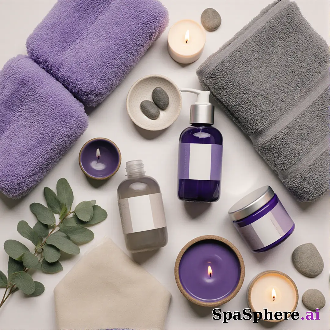 SpaSphere brand-colored spa flatlays – purple and beige cohesive pack. (05) [1080x1080]