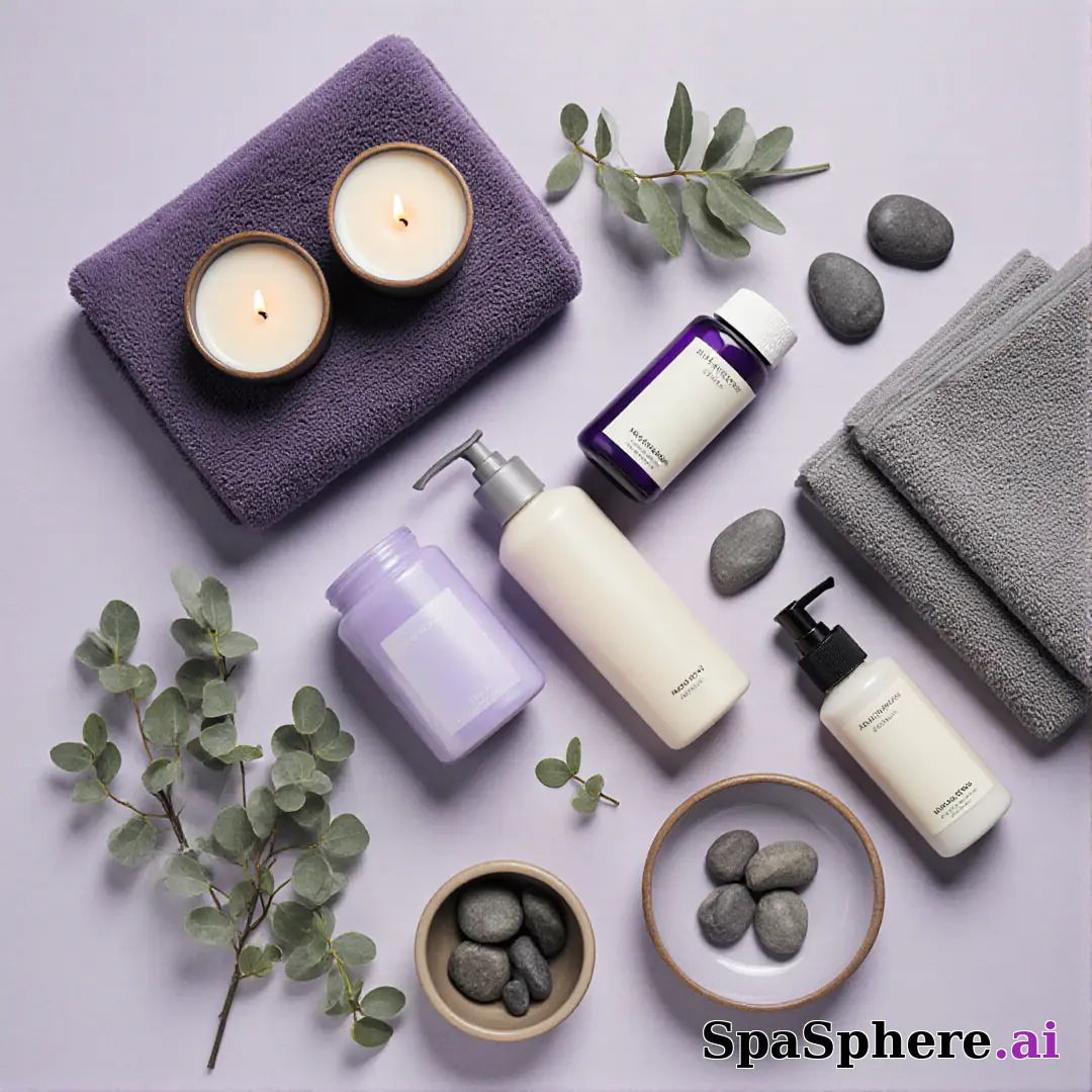 SpaSphere brand-colored spa flatlays – purple and beige cohesive pack. (06) [1080x1080]