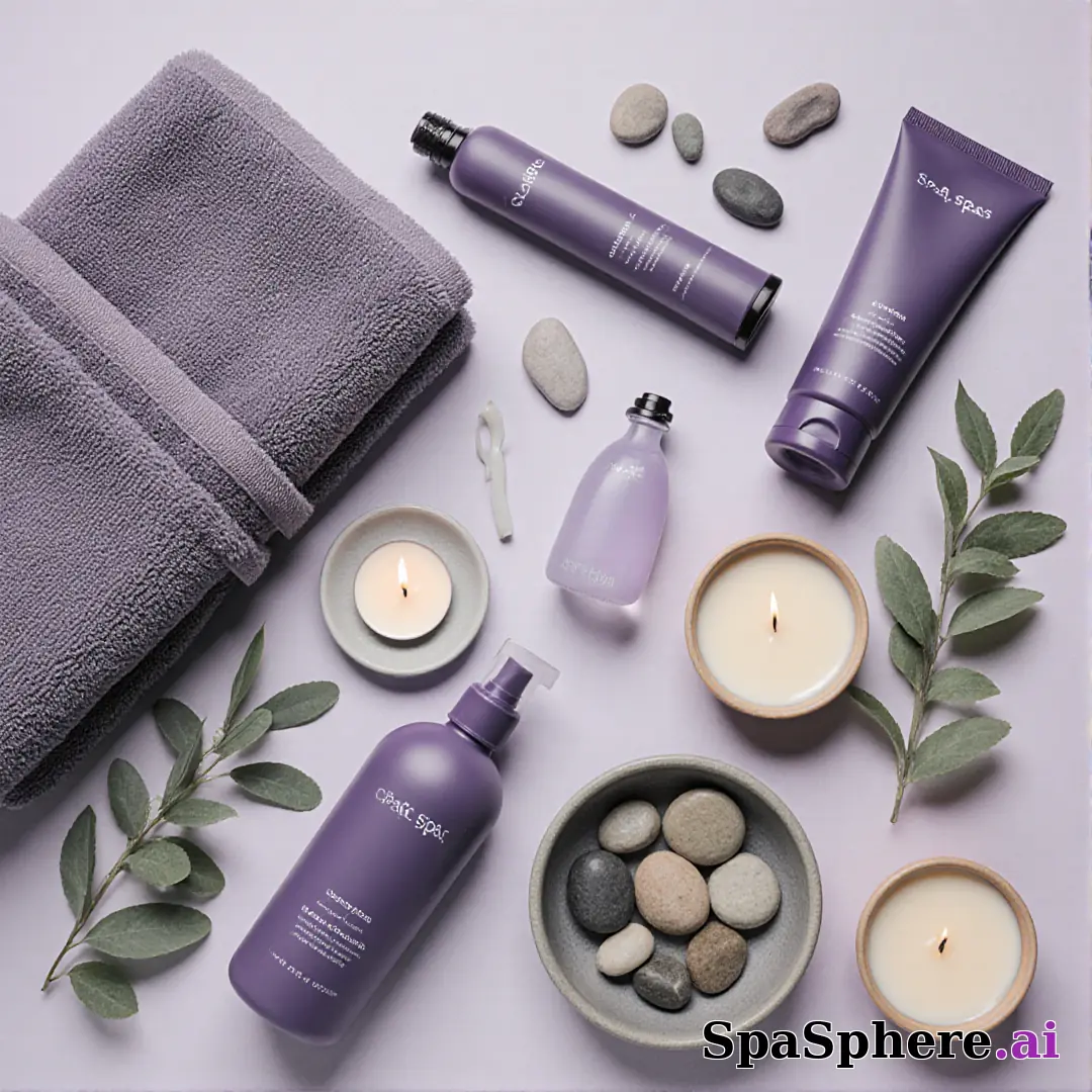 SpaSphere brand-colored spa flatlays – purple and beige cohesive pack. (07) [1080x1080]