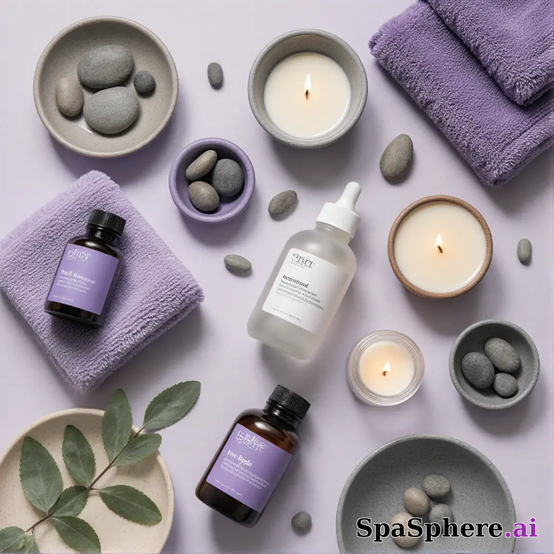 SpaSphere brand-colored spa flatlays – purple and beige cohesive pack. (08) [1080x1080]