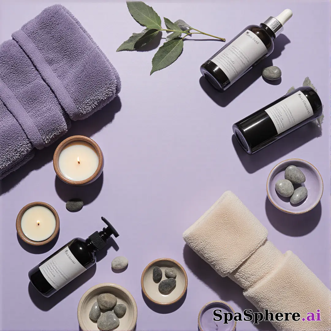 SpaSphere brand-colored spa flatlays – purple and beige cohesive pack. (09) [1080x1080]