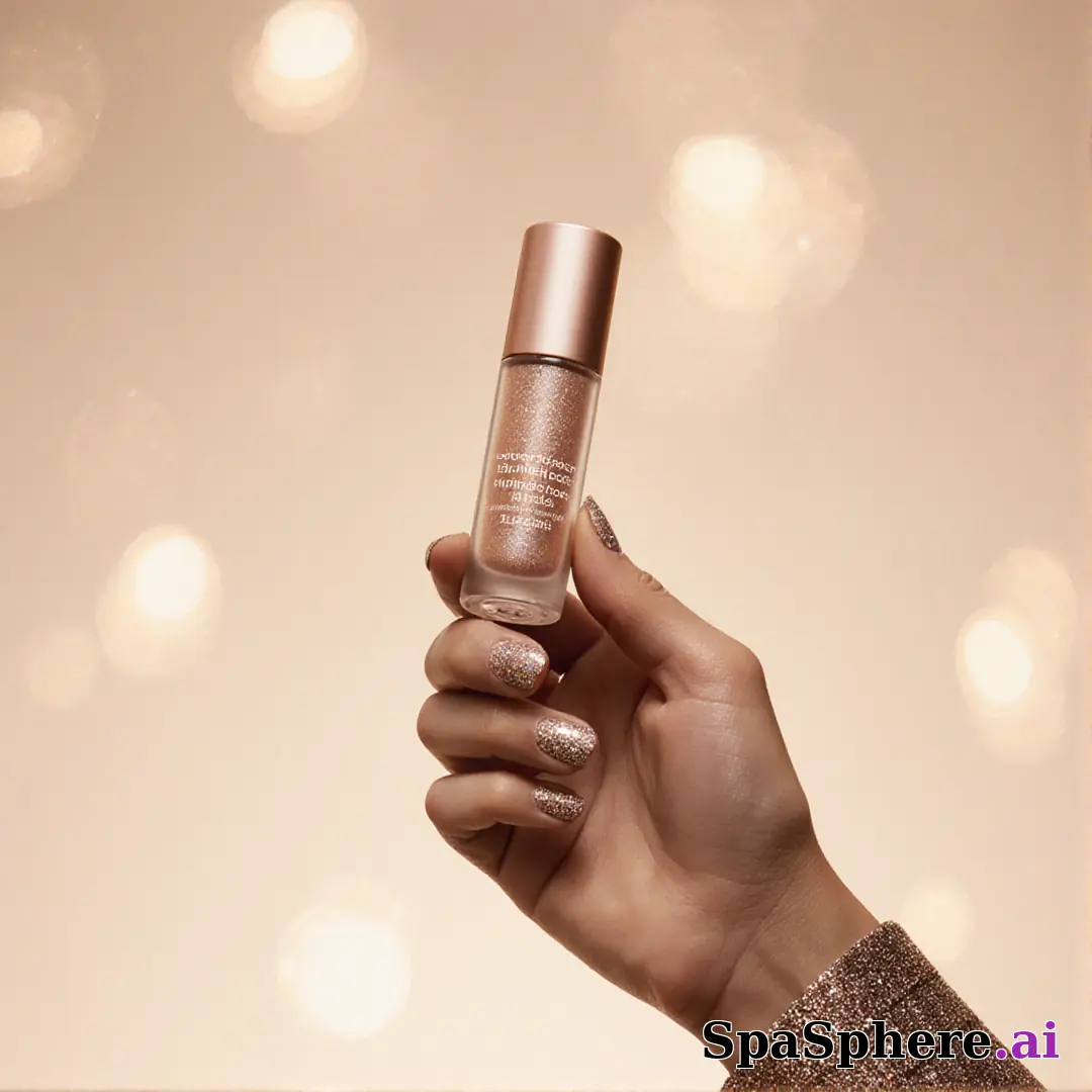 Hand presenting a glow product in front of a champagne-lit background with room for promo messaging. (23) [1080x1080]