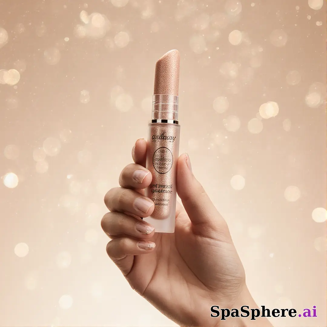 Hand presenting a glow product in front of a champagne-lit background with room for promo messaging. (24) [1080x1080]