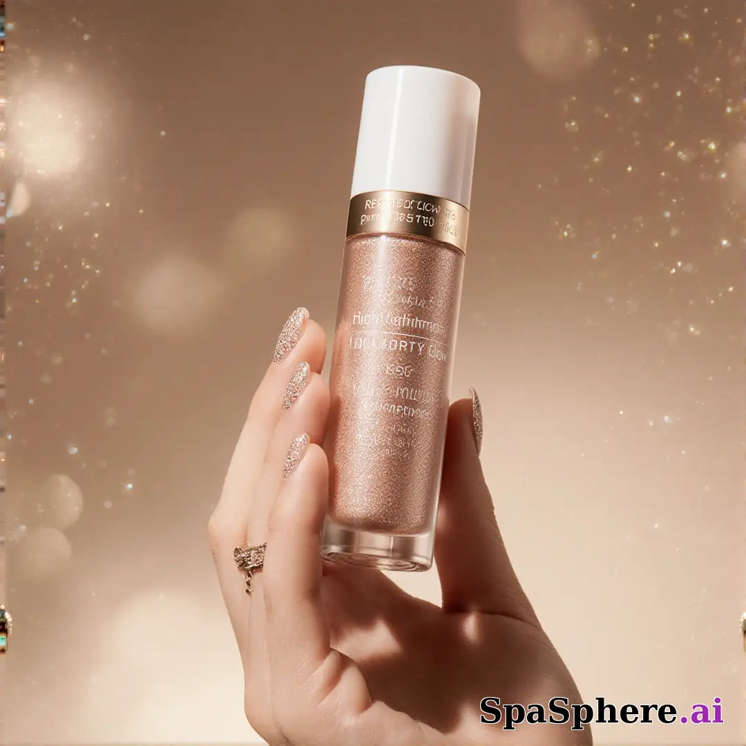 Hand presenting a glow product in front of a champagne-lit background with room for promo messaging. (05) [1080x1080]