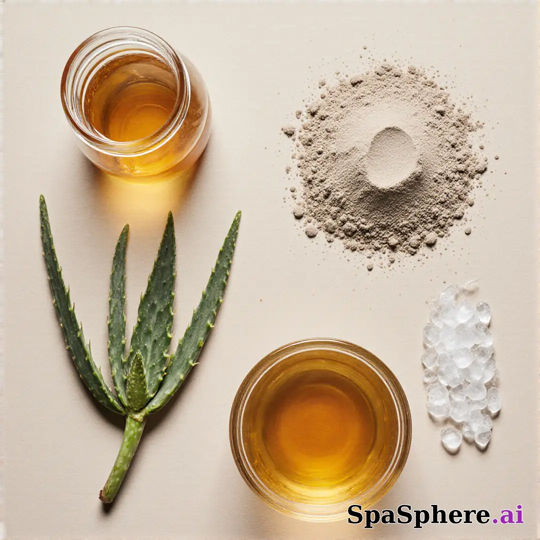 Aloe, honey, and clay ingredient spa flatlay – educational skincare visuals. (10) [1080x1080]