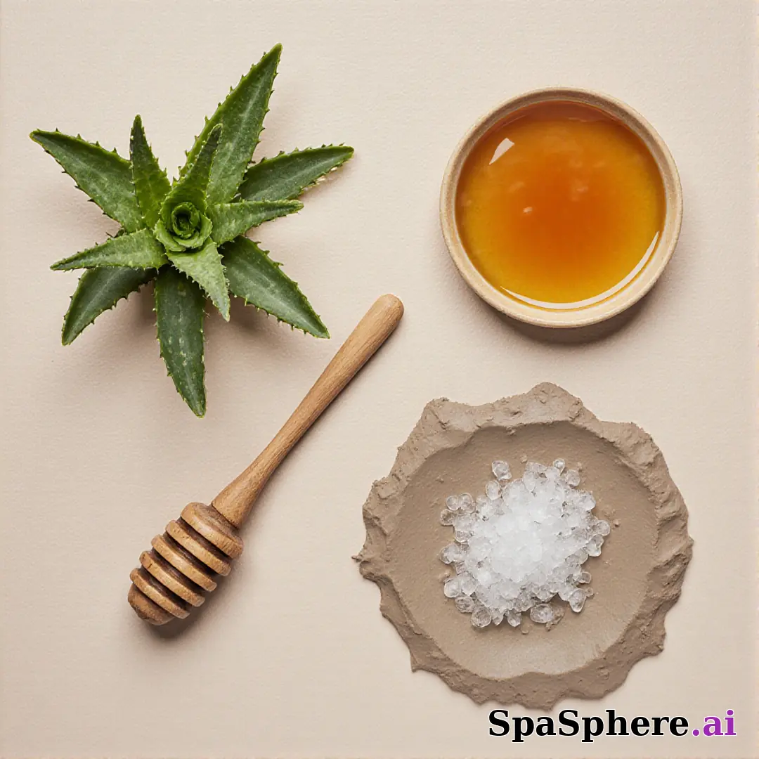 Aloe, honey, and clay ingredient spa flatlay – educational skincare visuals. (11) [1080x1080]