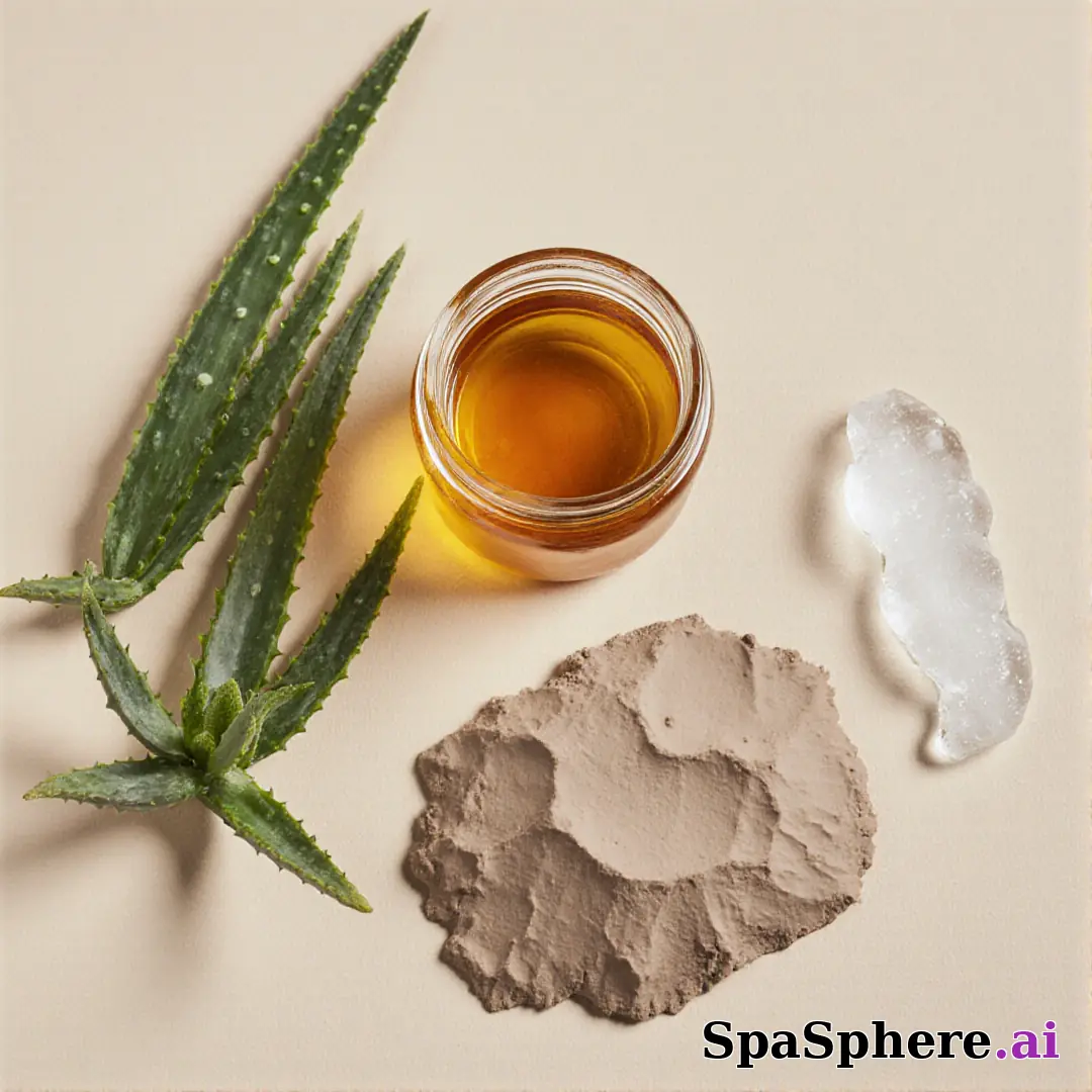 Aloe, honey, and clay ingredient spa flatlay – educational skincare visuals. (13) [1080x1080]