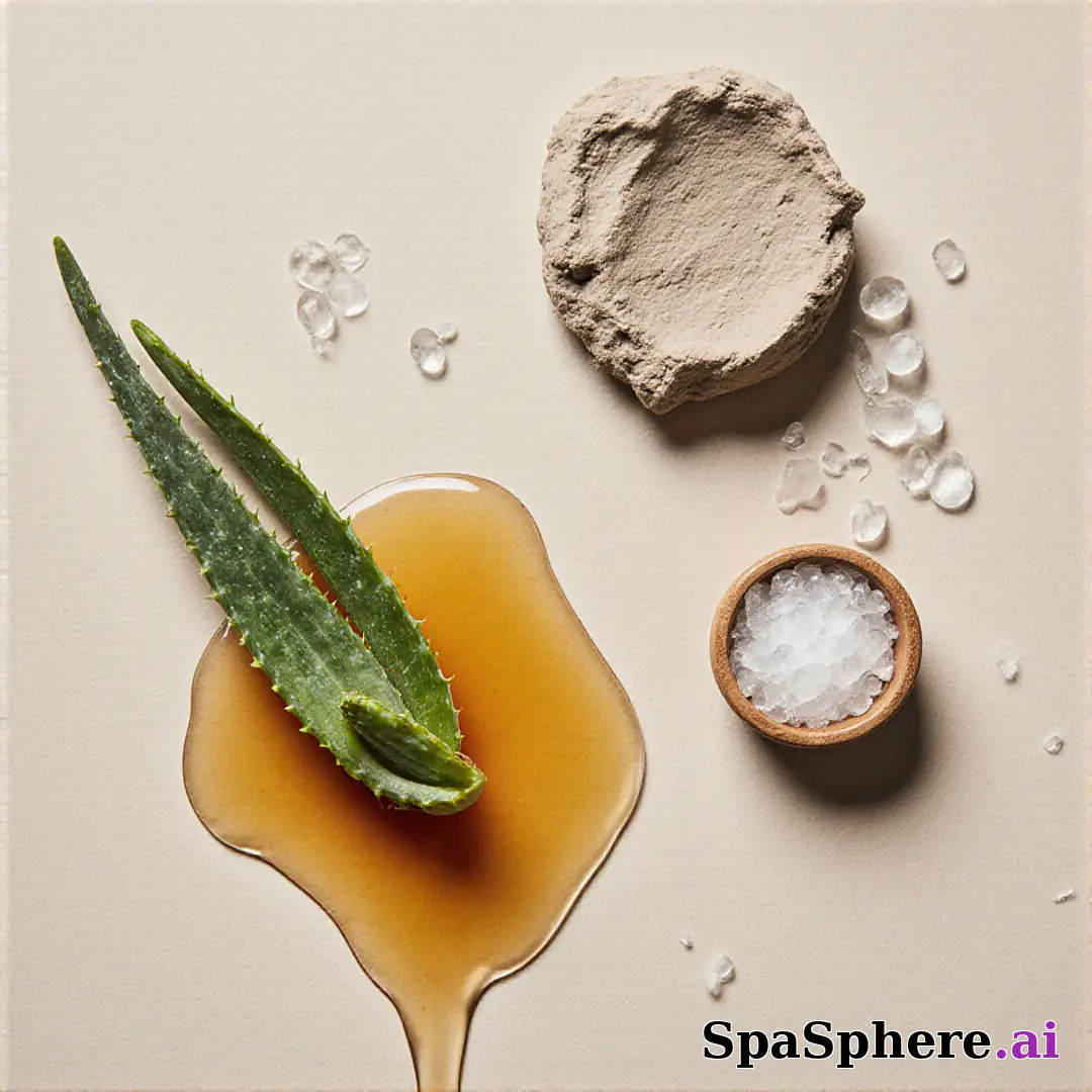 Aloe, honey, and clay ingredient spa flatlay – educational skincare visuals. (14) [1080x1080]