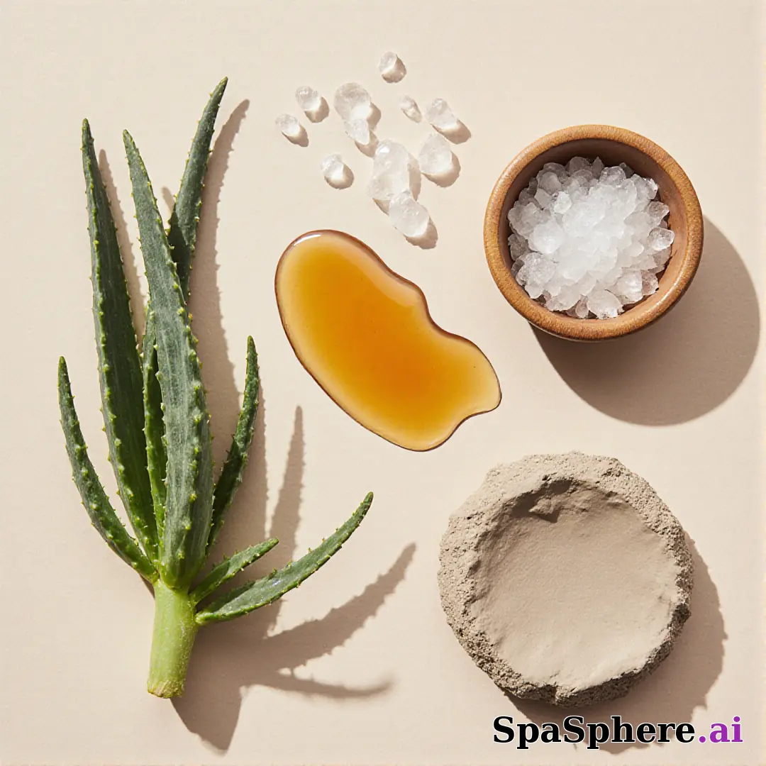 Aloe, honey, and clay ingredient spa flatlay – educational skincare visuals. (15) [1080x1080]