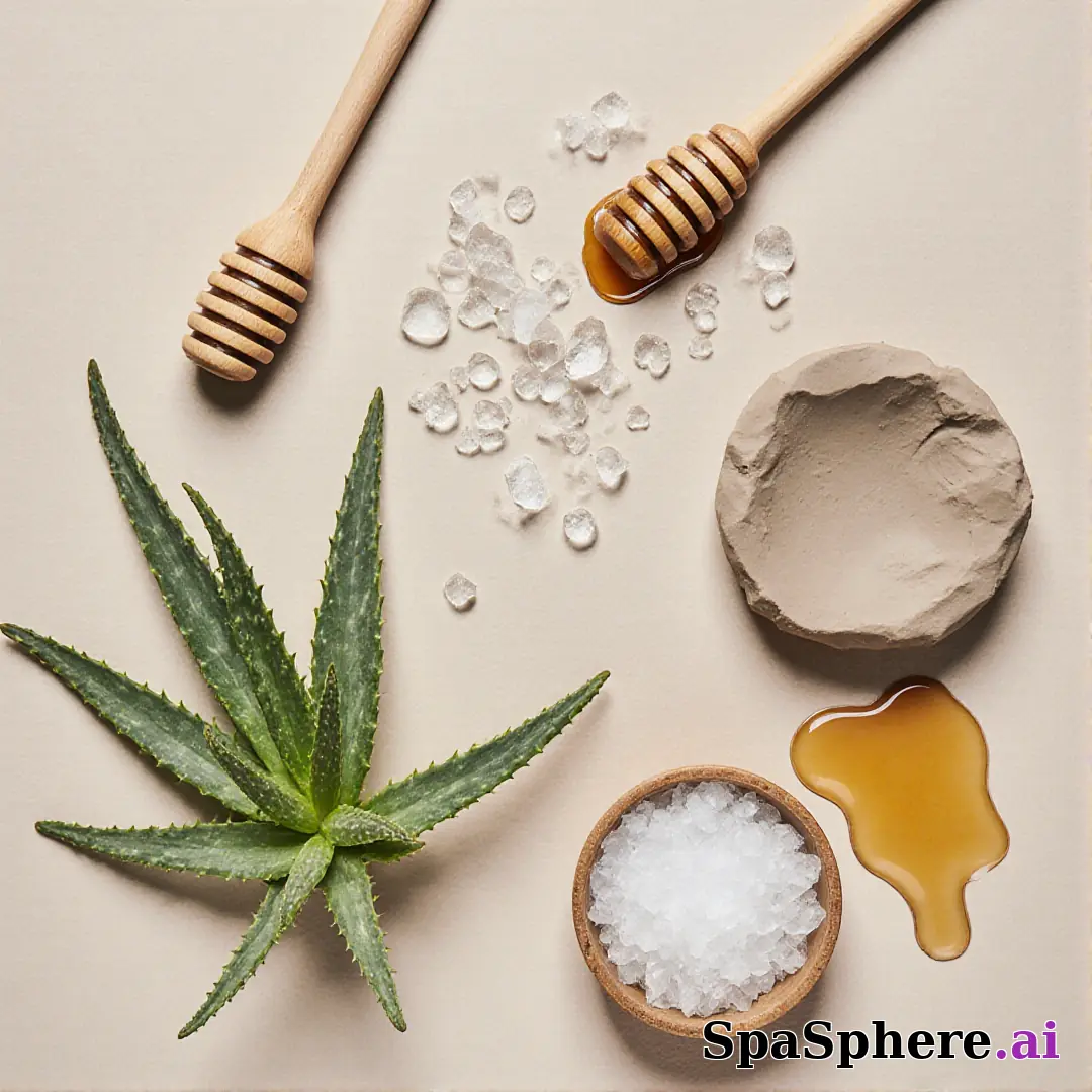 Aloe, honey, and clay ingredient spa flatlay – educational skincare visuals. (16) [1080x1080]